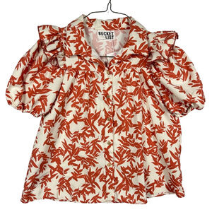 BUCKETLIST Red and Orange Leaf Pattern Button down Ruffle Blouse Size Medium